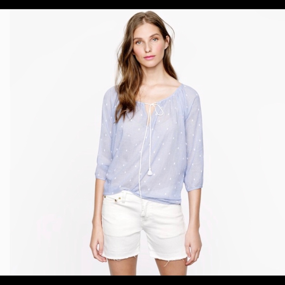 J. Crew chambray cotton cream blouse tassel ties